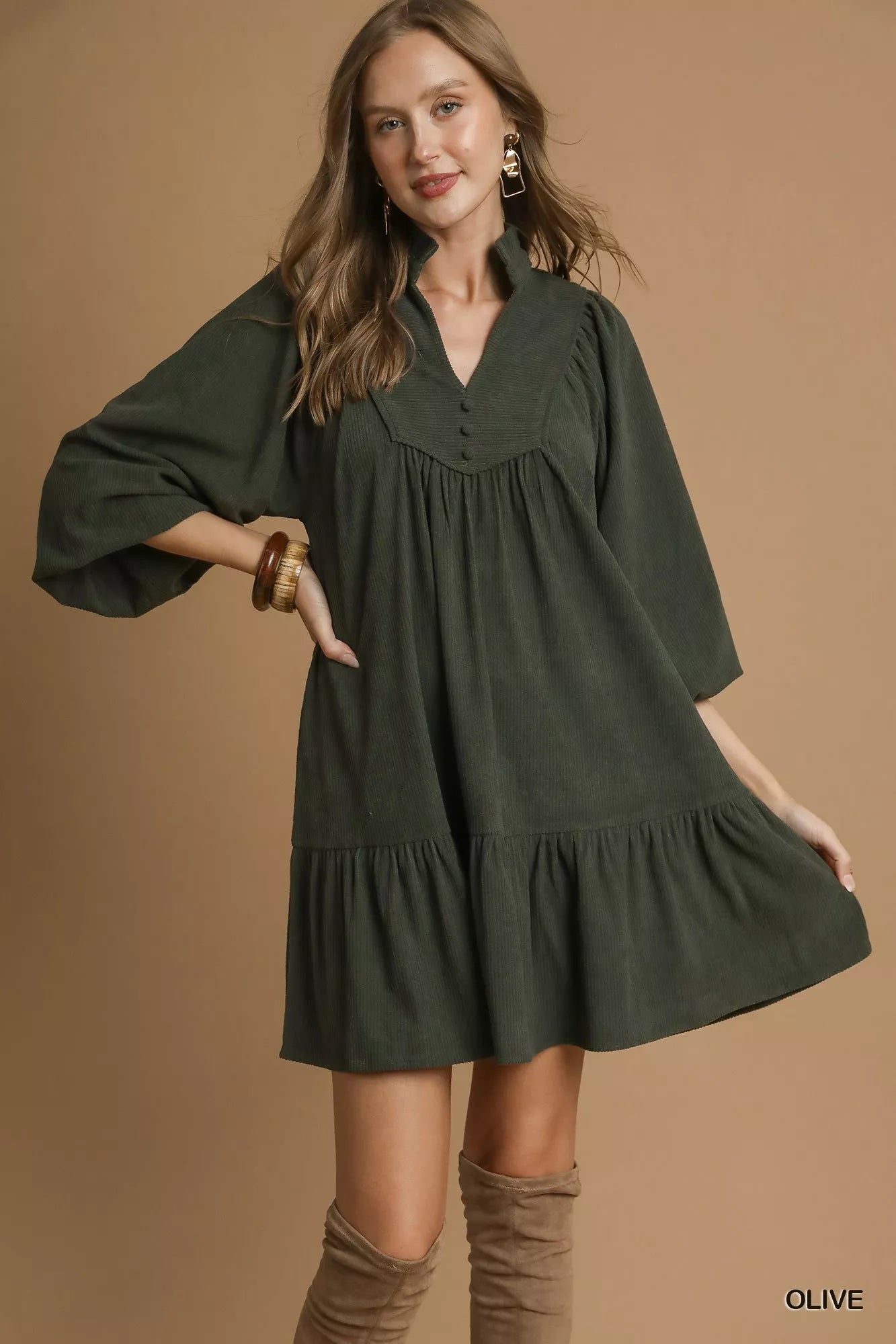 Umgee Corduroy Tiered Babydoll Dress Olive OutfitFlow