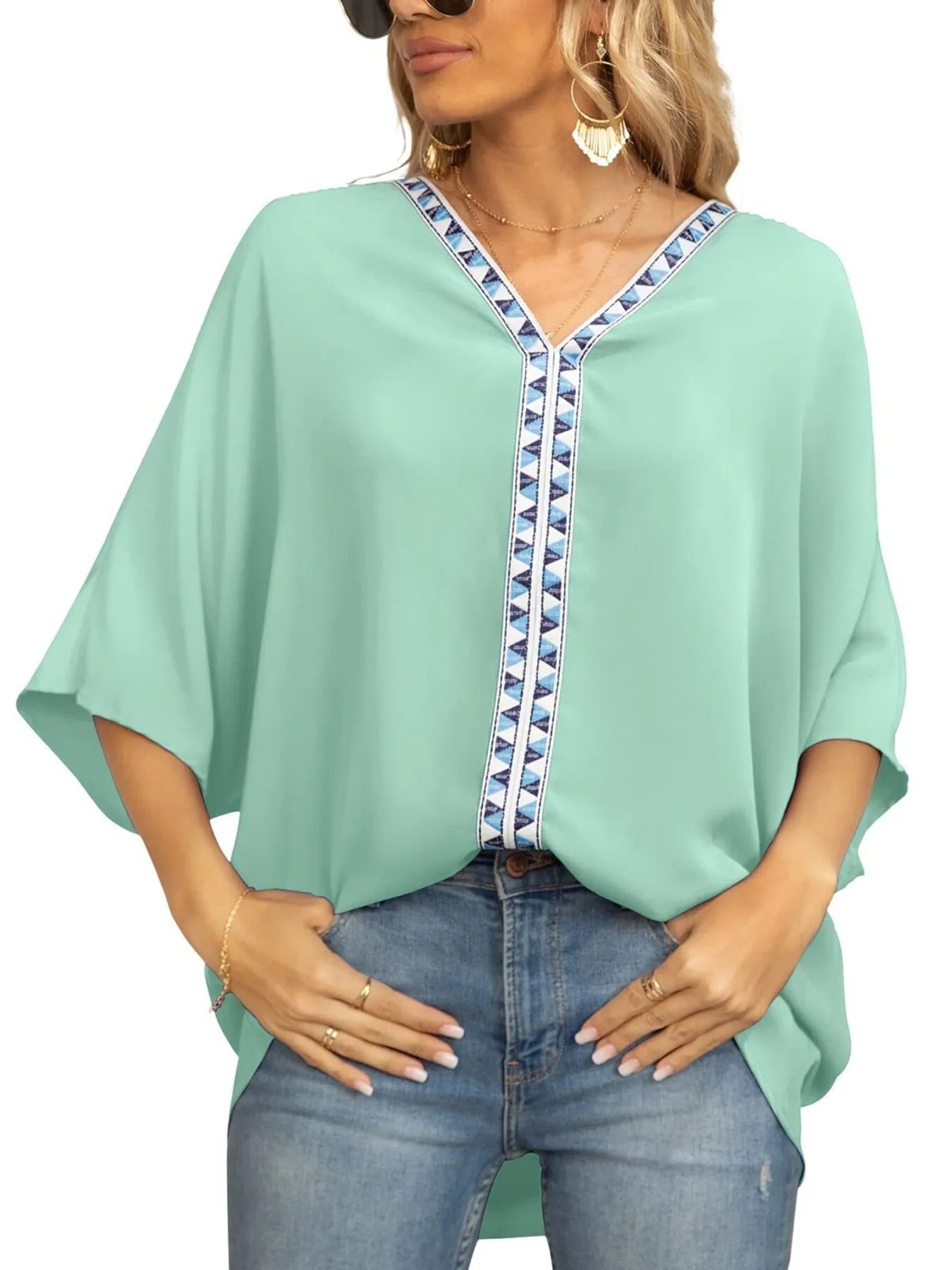 Oversized Contrast V-Neck Half Sleeve Blouse OutfitFlow
