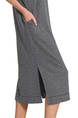Zenana French Terry Sleeveless Round Neck Midi Dress OutfitFlow