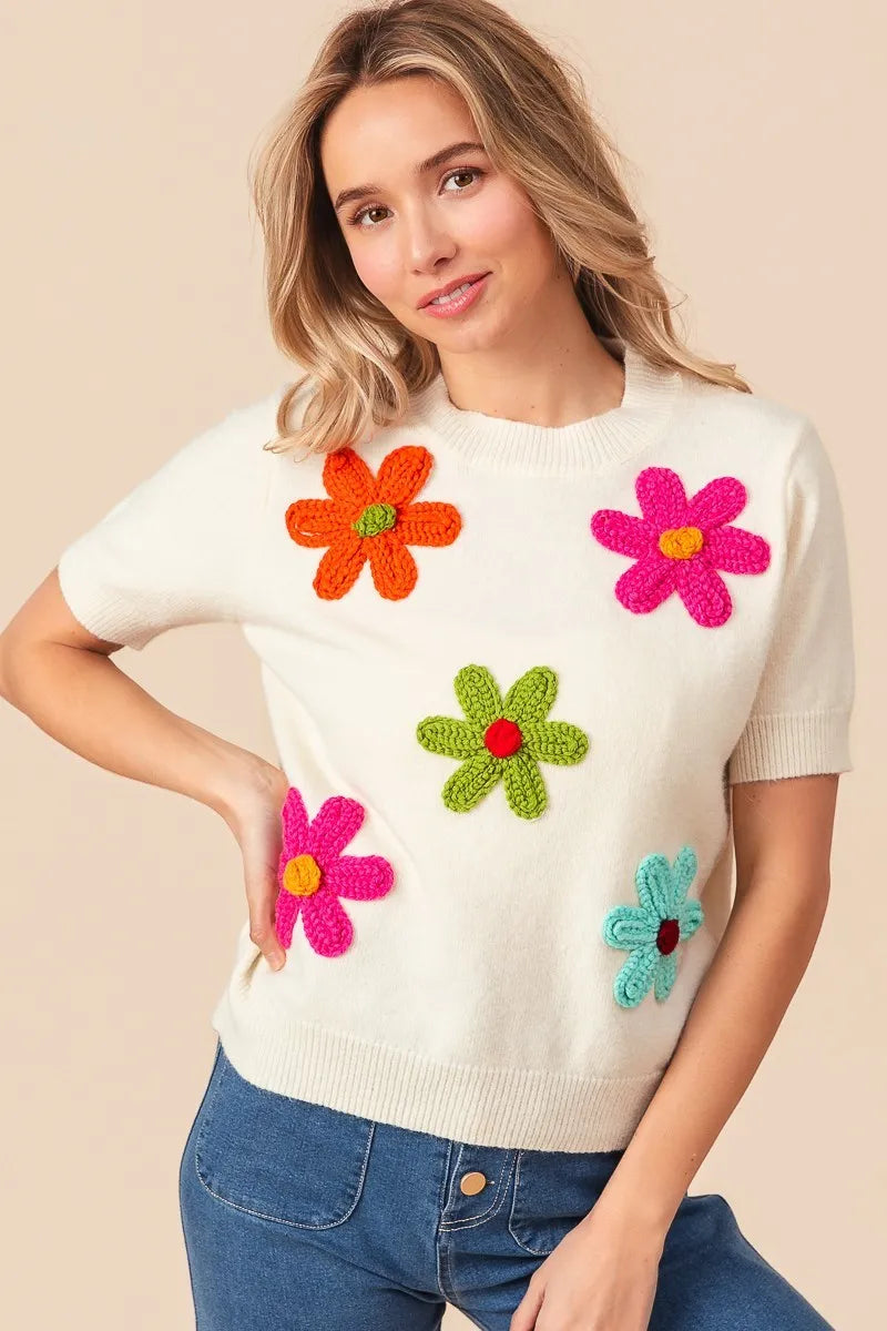 BiBi Crochet Flower Patch Sweater Top OutfitFlow