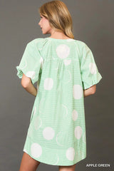 Umgee Stripe and Dot Print Button Down Puff Sleeve Mini Dress Trendsi
