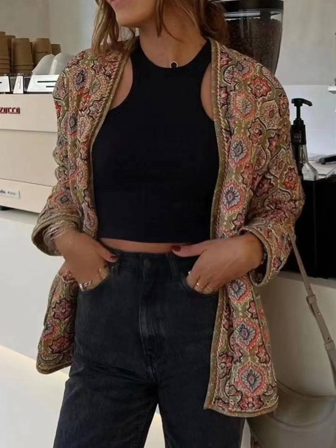 Belted Open Front Floral Winter Coat Trendsi