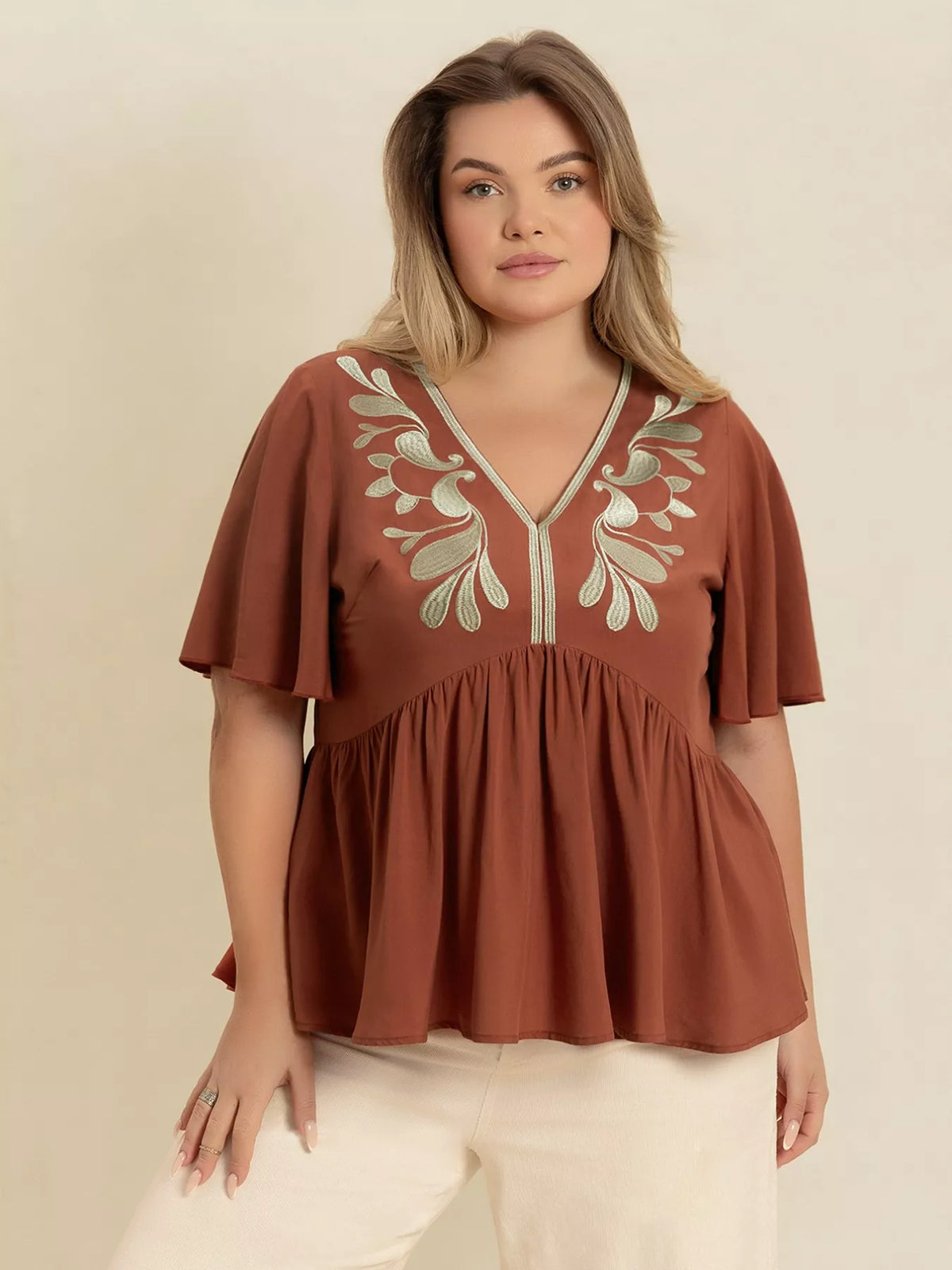 Plus Size Embroidered V-Neck Flutter Sleeve Blouse Caramel OutfitFlow