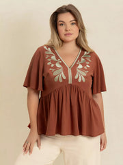 Plus Size Embroidered V-Neck Flutter Sleeve Blouse Caramel OutfitFlow