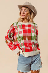 SO ME Christmas Color Checkered Plaid Crew Neck Sweater Trendsi