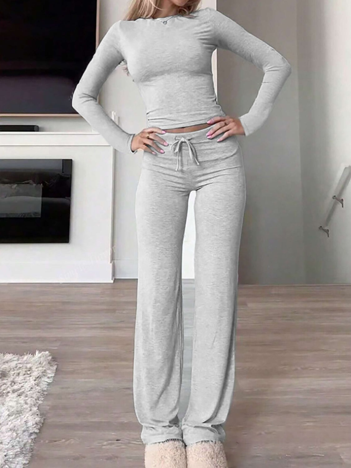 Outfit Flow - Round Neck Long Sleeve Top and Drawstring Pants Set