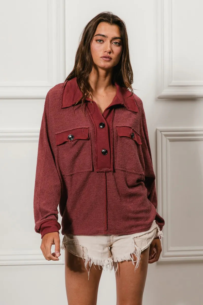 BiBi Cp French Terry Cut Edge Detail Collared Top OutfitFlow