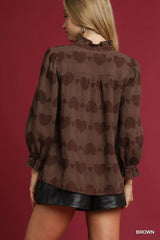 Umgee Heart Jacquard Ruffle Trim Shirt OutfitFlow