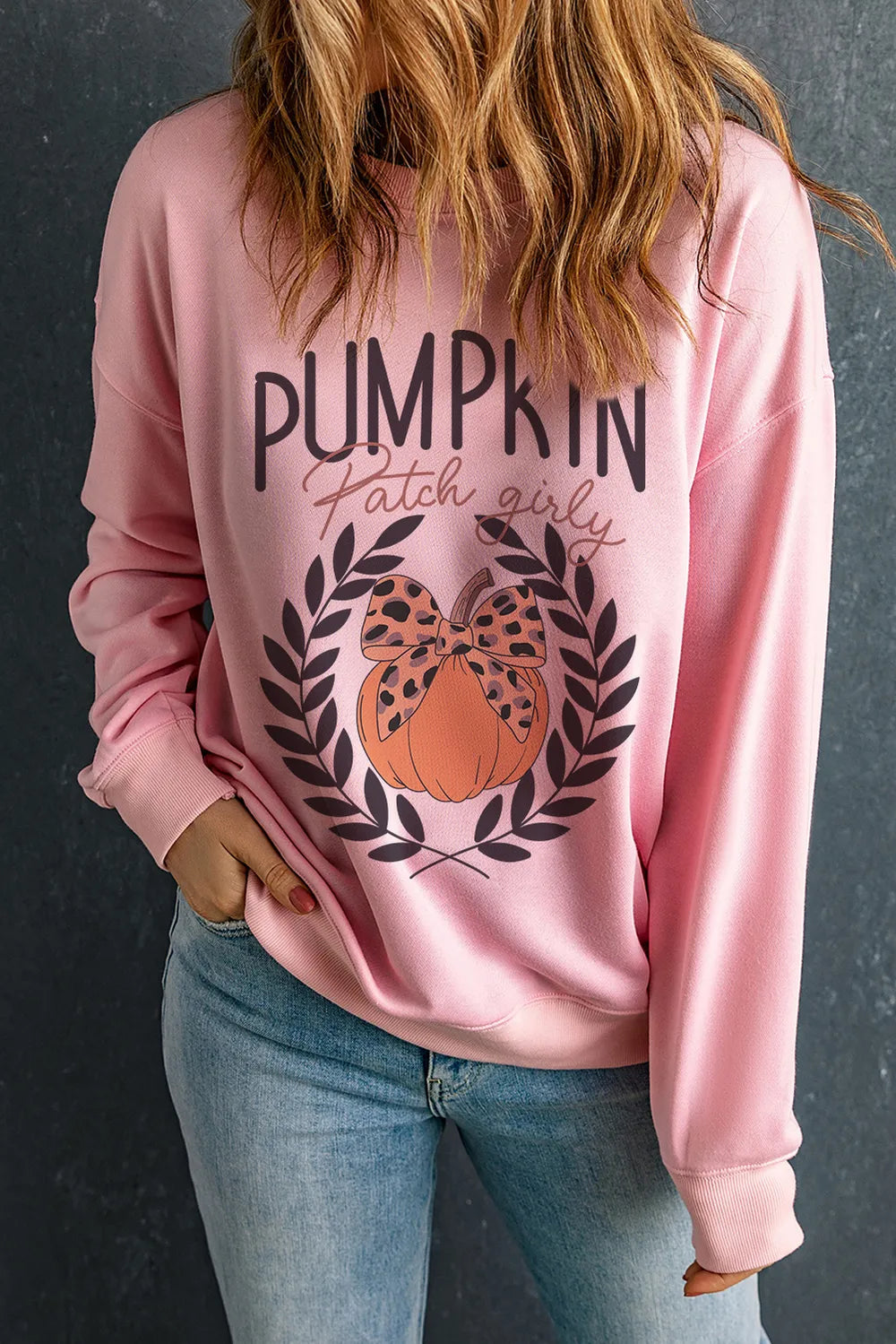 Pumpkin Round Neck Long Sleeve Sweatshirt OutfitFlow