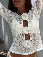 Floral Crochet Cutout Knit Cover Up with Rose Appliques Ivory OutfitFlow