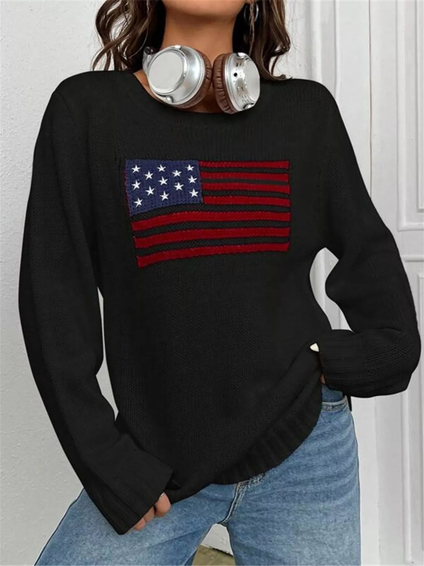 US Flag Round Neck Long Sleeve Sweater Black OutfitFlow