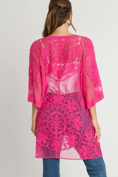 Umgee Full Size Floral Lace Open Front Kimono Sleevee Cover Up with Waist Tie Plus Size OutfitFlow