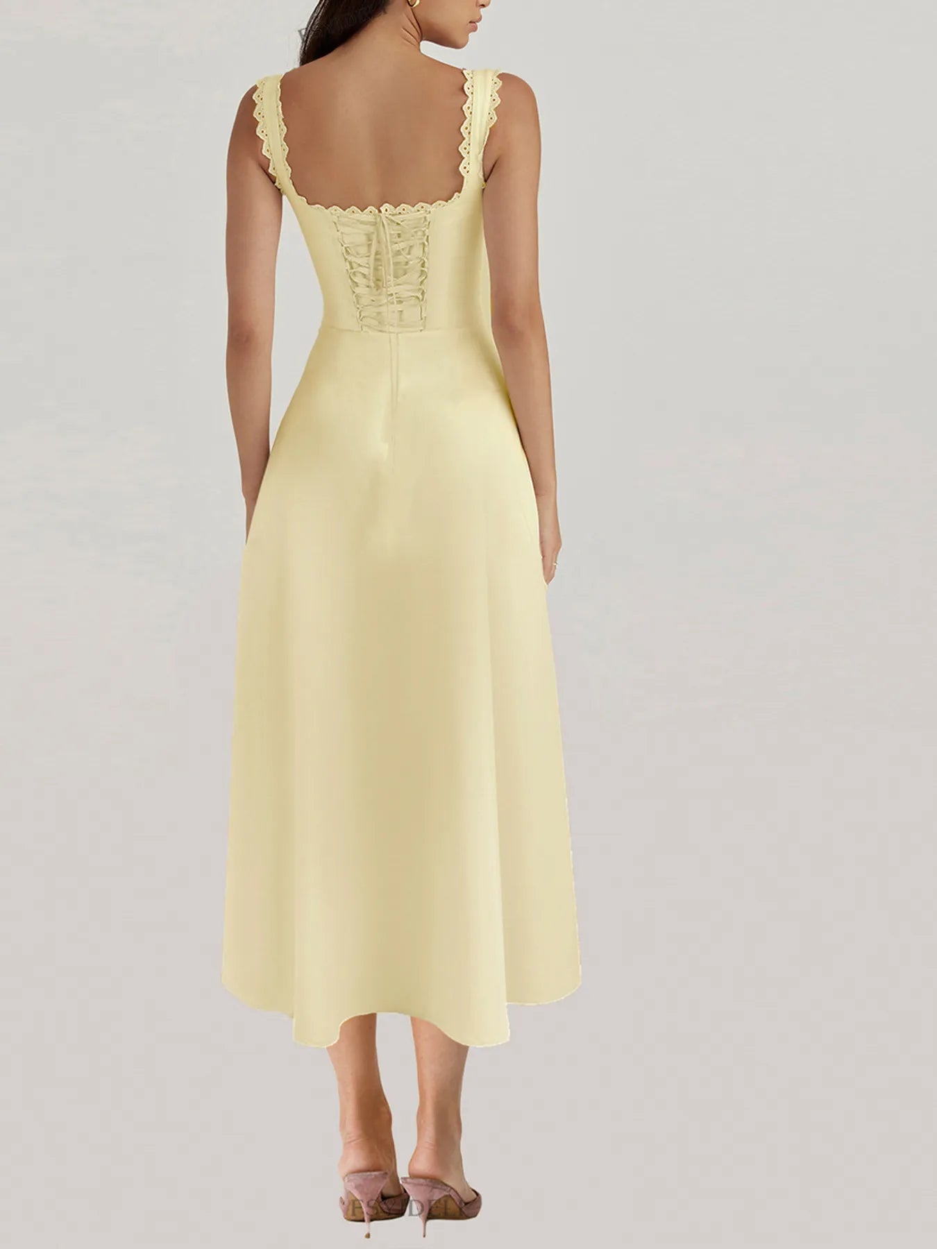 Scalloped V-Neck Midi Dress with Back Lace-Up OutfitFlow
