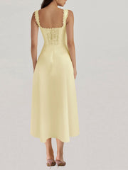 Scalloped V-Neck Midi Dress with Back Lace-Up OutfitFlow