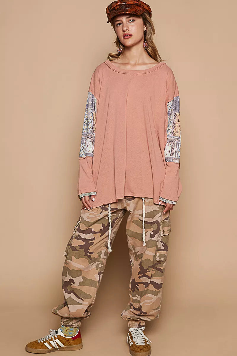 POL Round Neck Long Sleeve Roomy Fit Top with Stitch Detail OutfitFlow