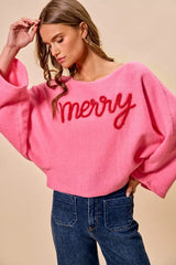 SO ME Merry Tinsel Lettering Christmas Sweater Top OutfitFlow