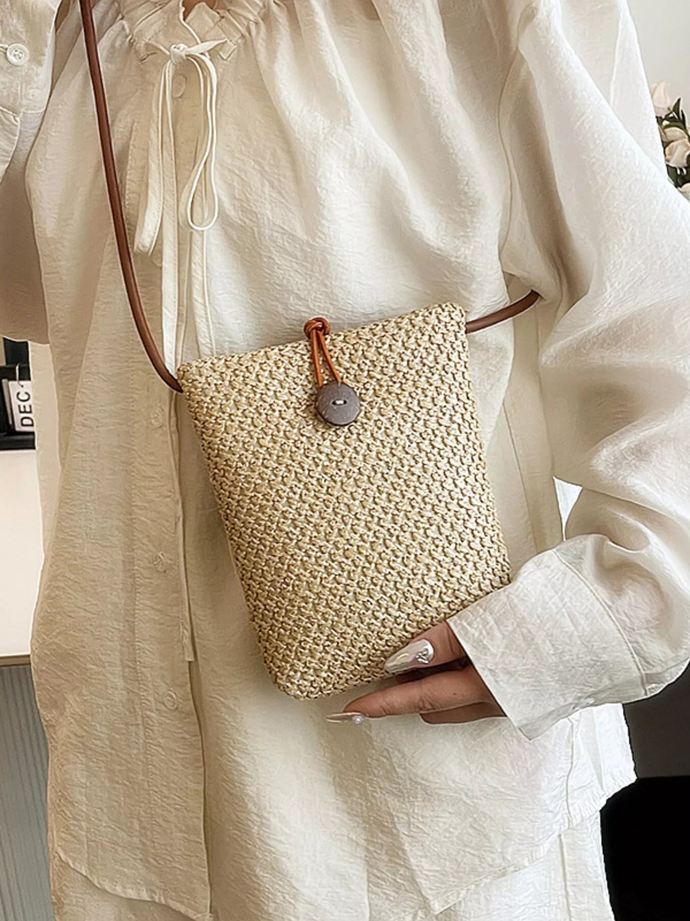 Straw Woven Crossbody Bag Khaki onesize OutfitFlow