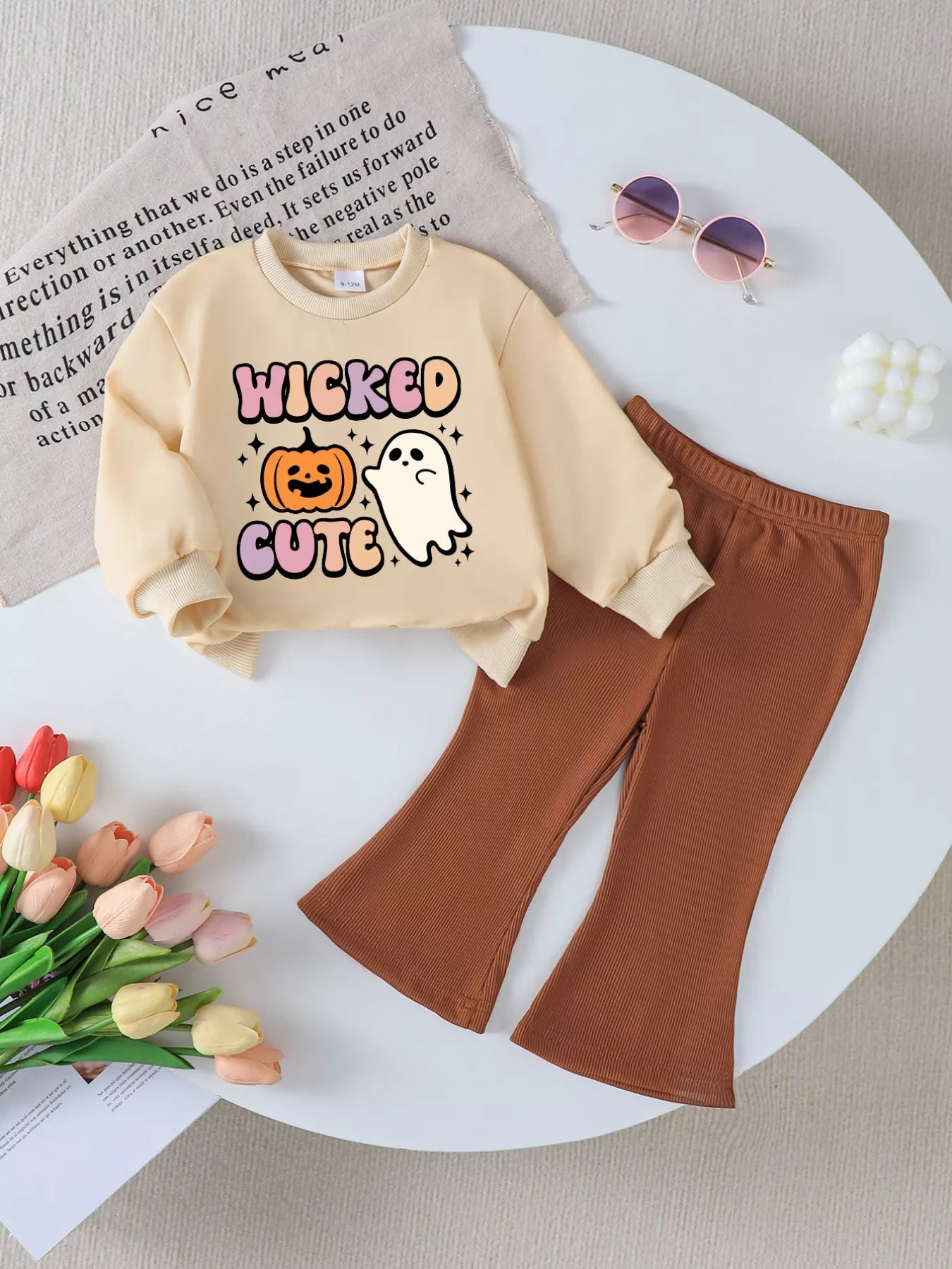 Children's Halloween Graphic Round Neck Top and Pants Set Tan OutfitFlow