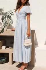 V-Neck Puff Short Sleeve Midi Dress OutfitFlow