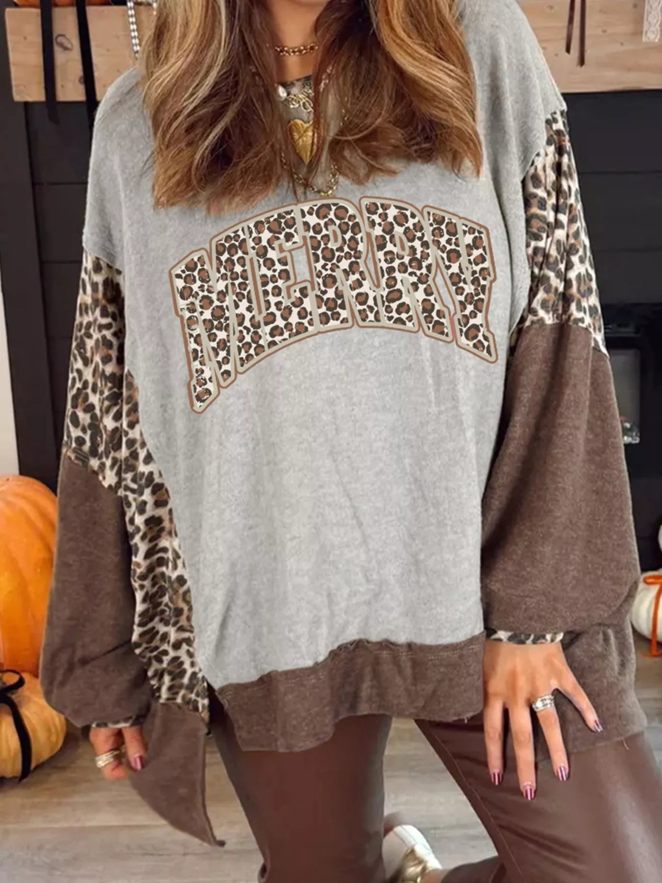 Color Block Leopard Contrast Letter Graphic Christmas Sweatshirt OutfitFlow