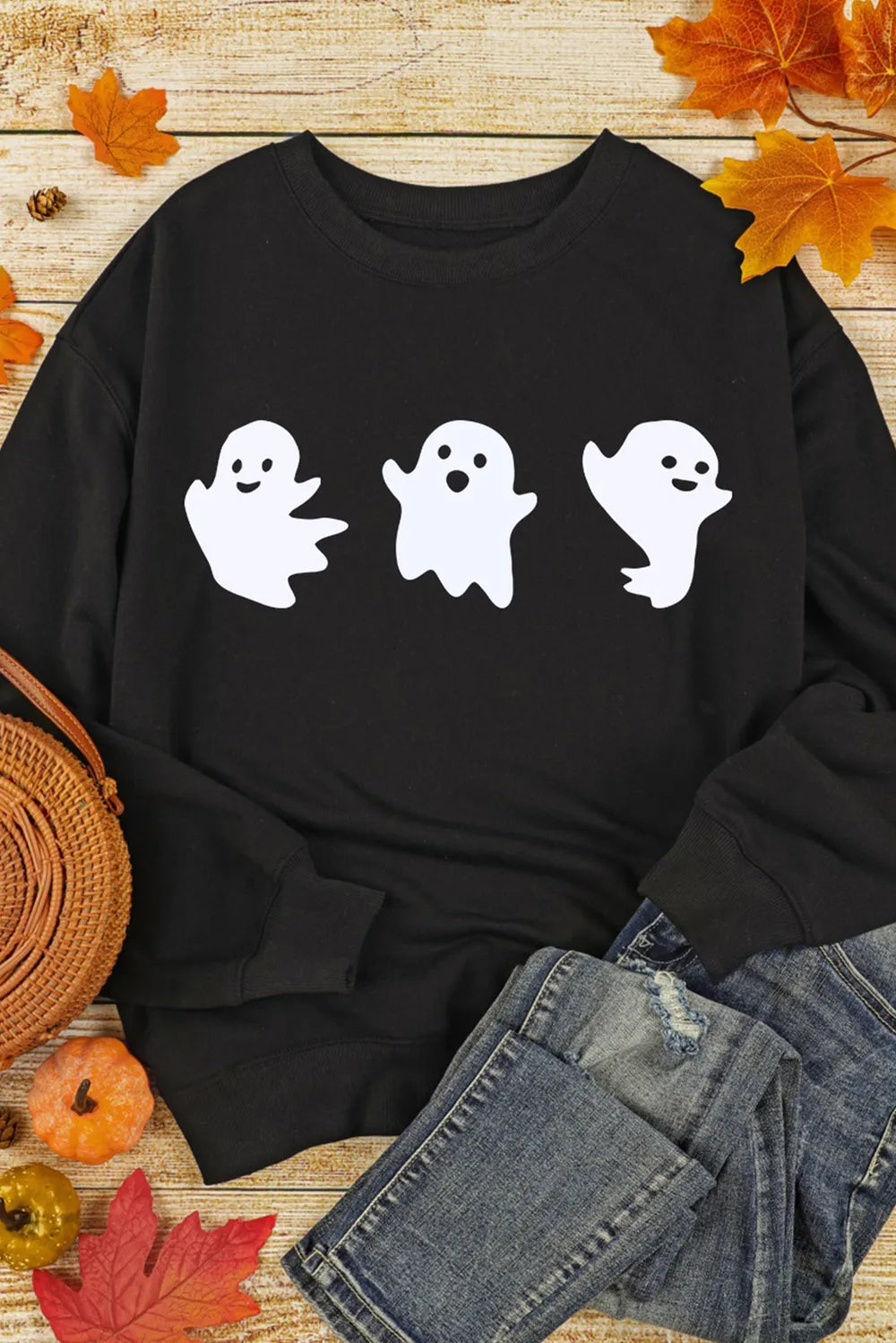 Ghost Round Neck Long Sleeve Sweatshirt OutfitFlow