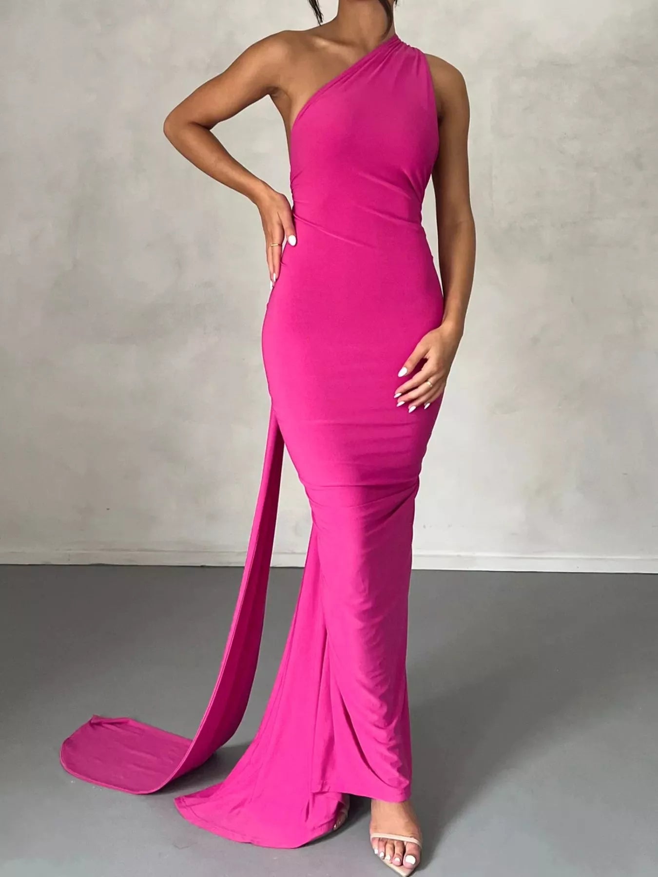 Backless One-Shoulder Ruched Bodycon Maxi Dress Rose Red OutfitFlow