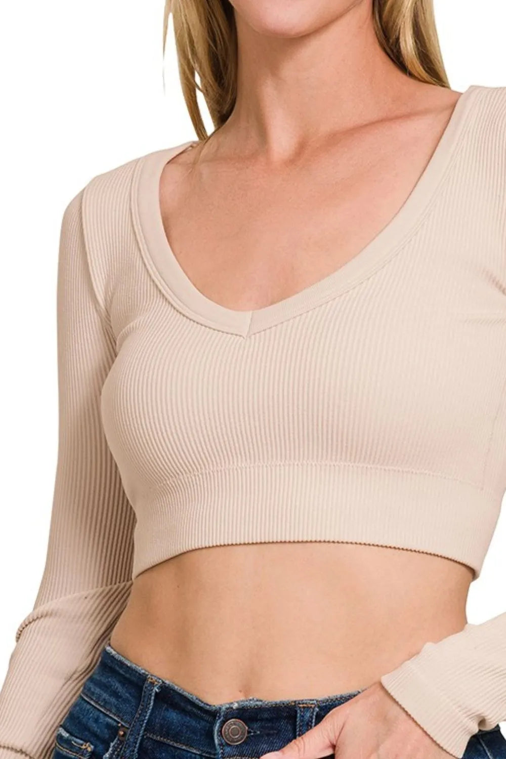 Zenana Seamless Fitted Rib V-neck Long Sleeve Crop Top OutfitFlow