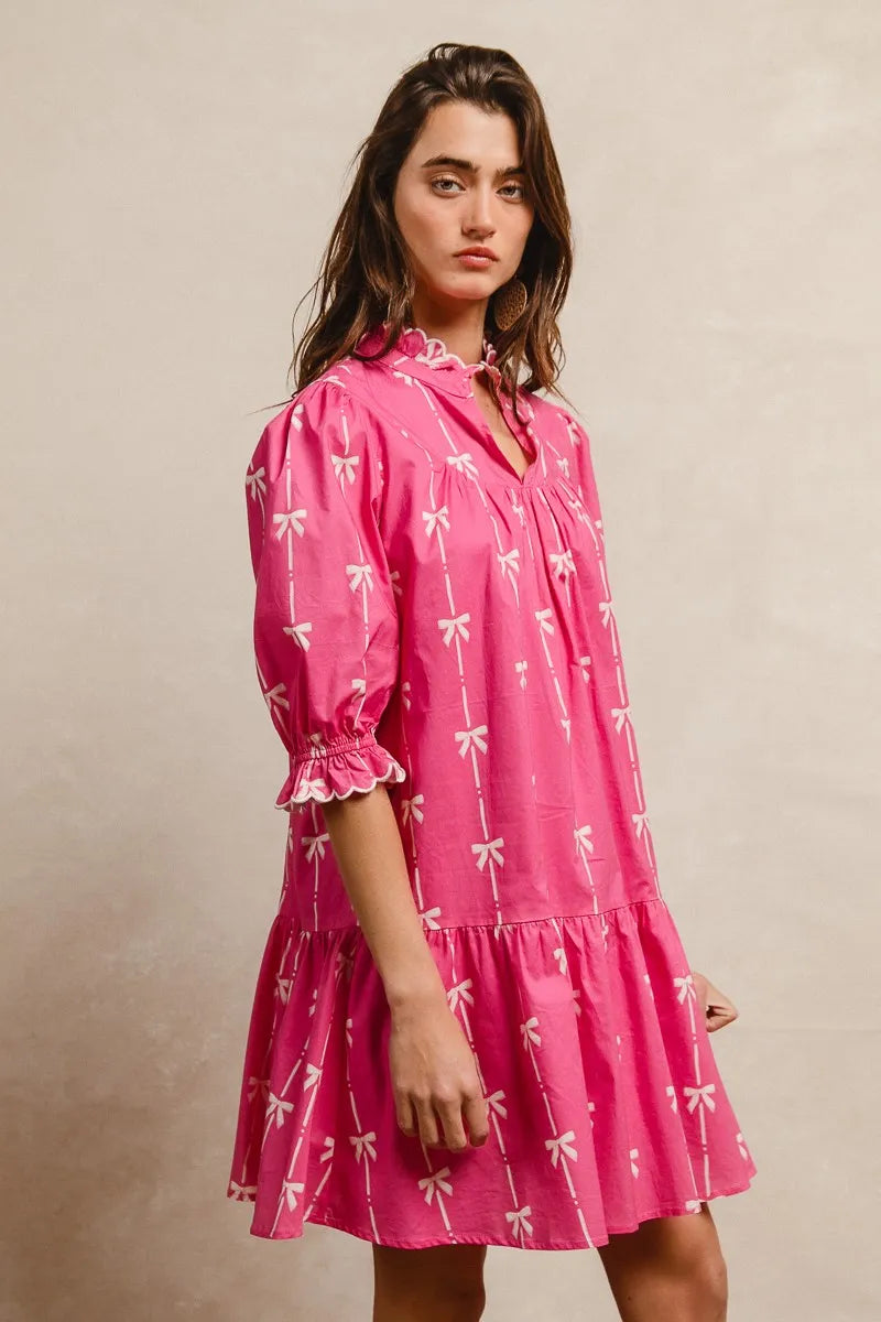 BiBi Ribbon Patterns With Scallops Edge Details Short Sleeve Dress OutfitFlow