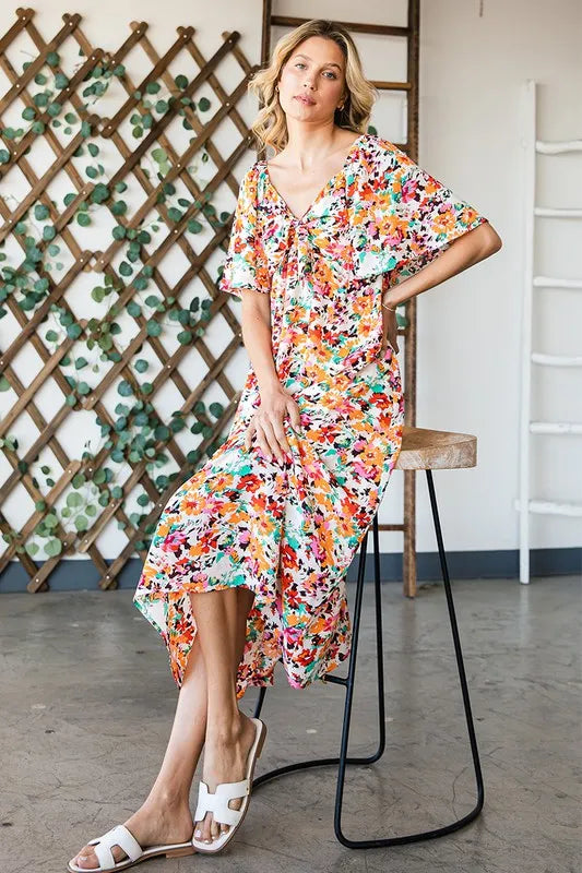 Lime 'N' Chili Floral Print Sweetheart Neck Tie Front Midi Dress OutfitFlow