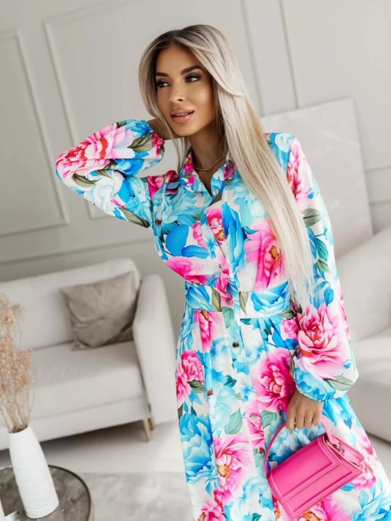 Printed Button Front Maxi Shirt Dress OutfitFlow