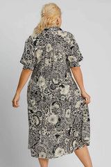 Umgee Full Size Printed Smocked Cuff Puff Sleeve Midi Dress Plus Size OutfitFlow