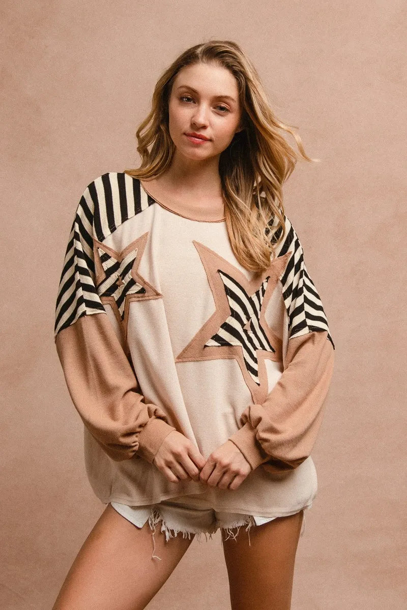 BiBi Star Patchwork Mixed Long Sleeve Top OutfitFlow