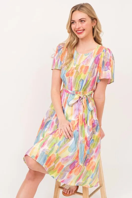Lime 'N' Chili Watercolor Print Tie Front Midi Dress OutfitFlow
