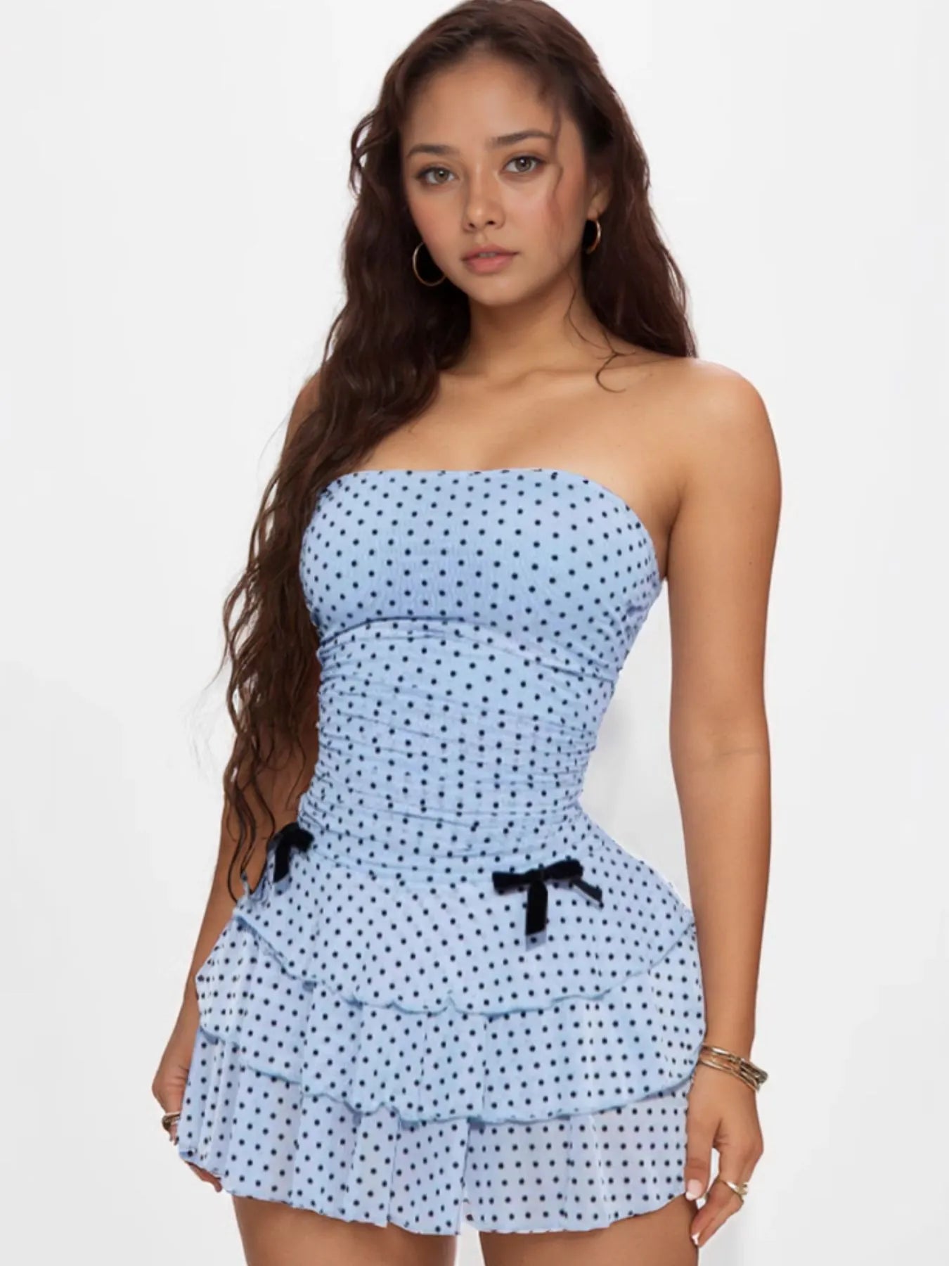 Polka Dot Strapless Mini Dress with Bow Detail Blue OutfitFlow