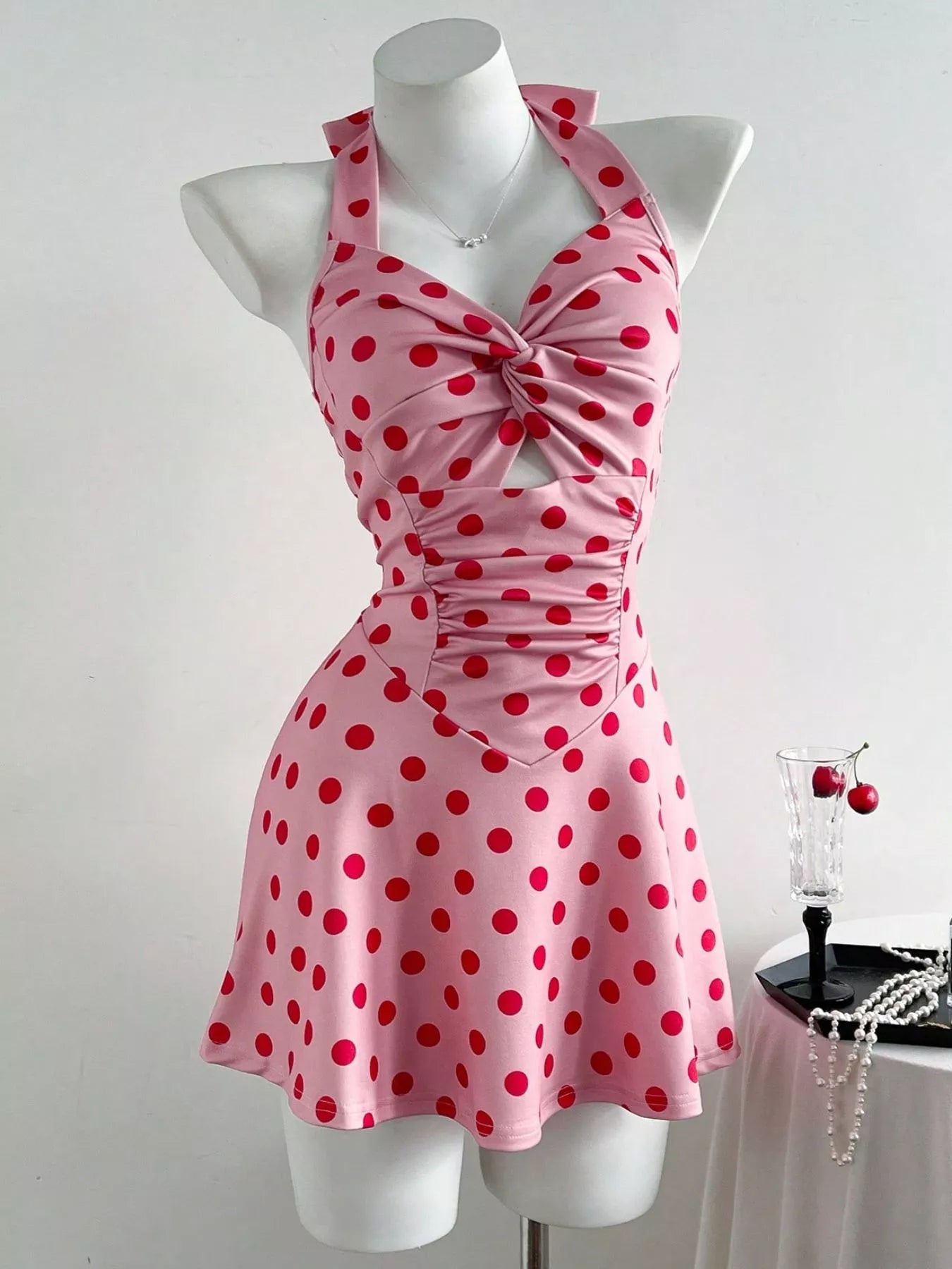 Polka Dot Halter Neck Twisted Front Mini Dress OutfitFlow