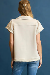 Umgee Frill Hem Half-Zip Collared Blouse OutfitFlow