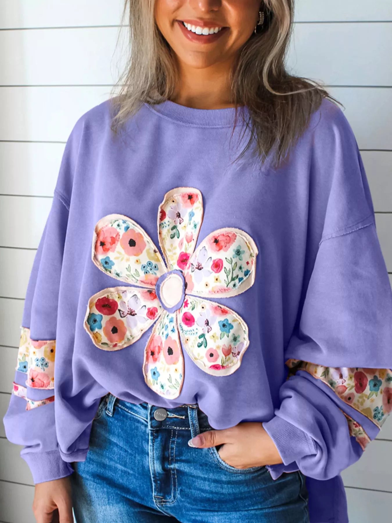 Plus Size Floral Applique Drop Shoulder Sweatshirt OutfitFlow