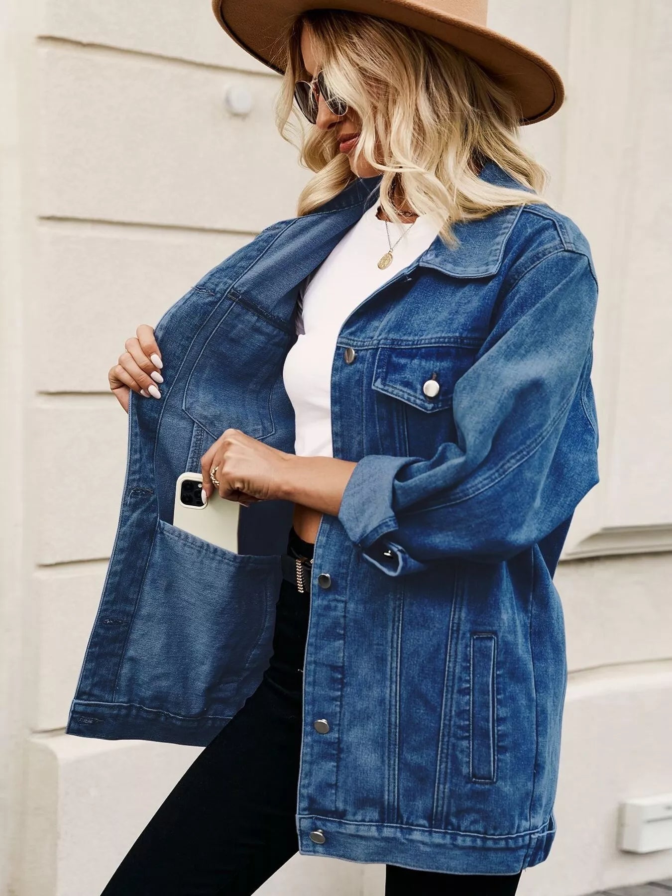 Button Up Long Sleeve Denim Jacket OutfitFlow