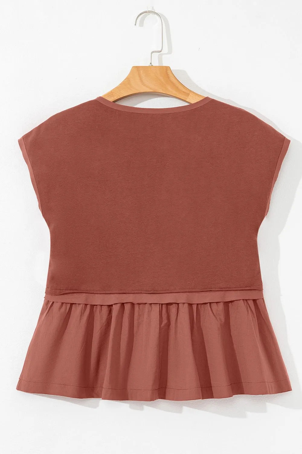 Short Sleeve U Neck Buttons Splicing Ruffle Blouse OutfitFlow