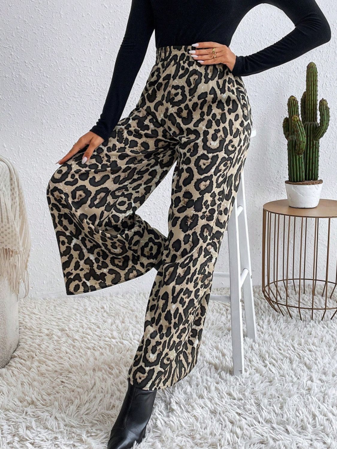 Printed Elastic Waist Wide Leg Pants OutfitFlow