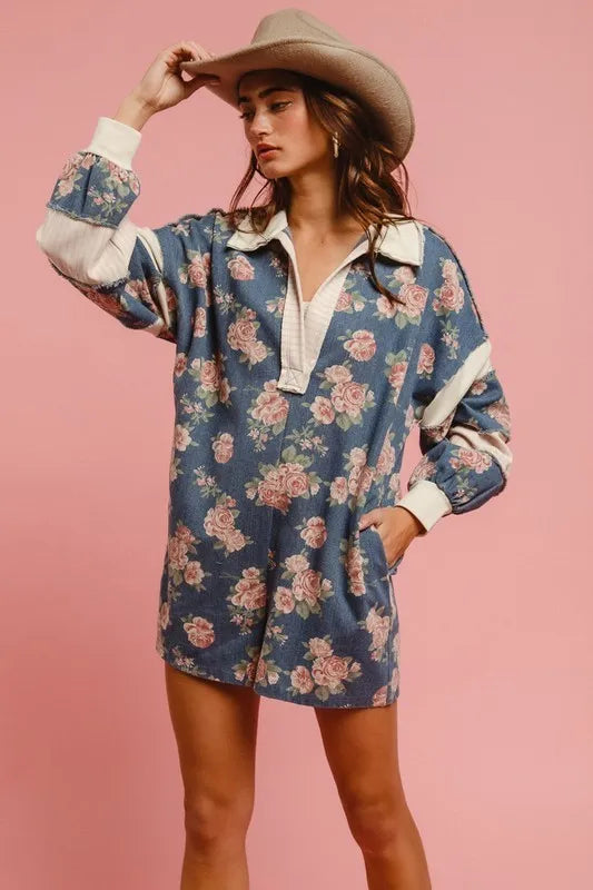 BiBi Washed Floral Denim Romper With Contrast Collar OutfitFlow
