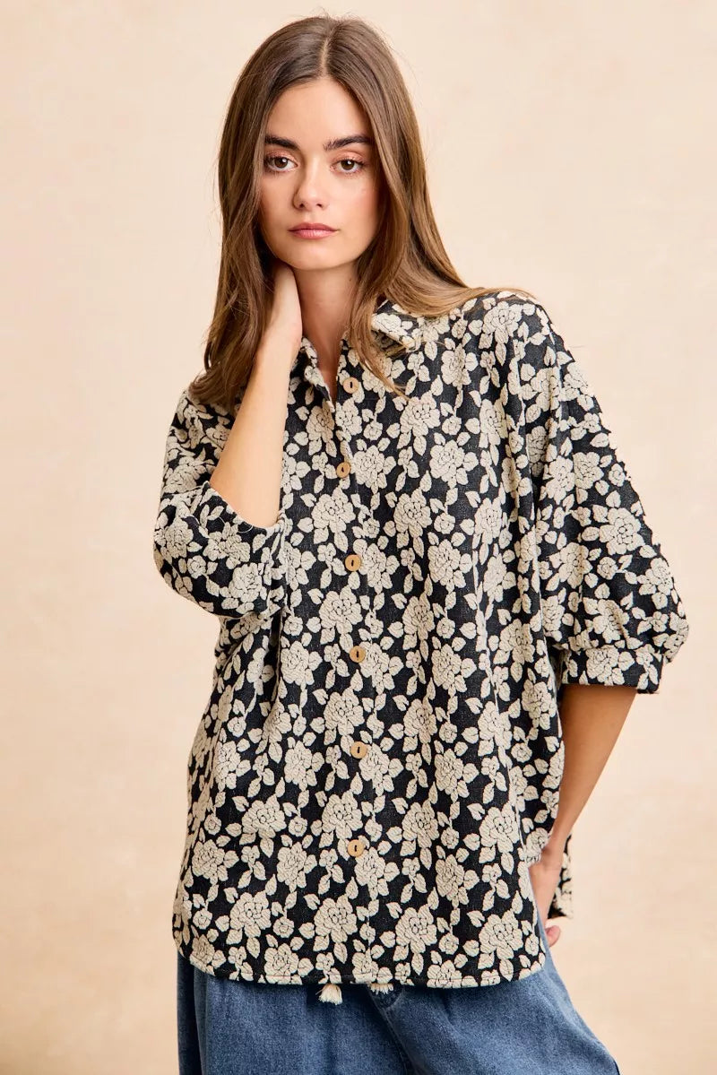 BiBi Floral Jacquard Short Dolman Sleeves Shirt OutfitFlow