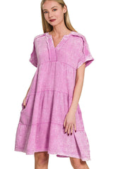 Zenana Washed Double Gauze Raw Edge V-neck Dress BRIGHT MAUVE OutfitFlow