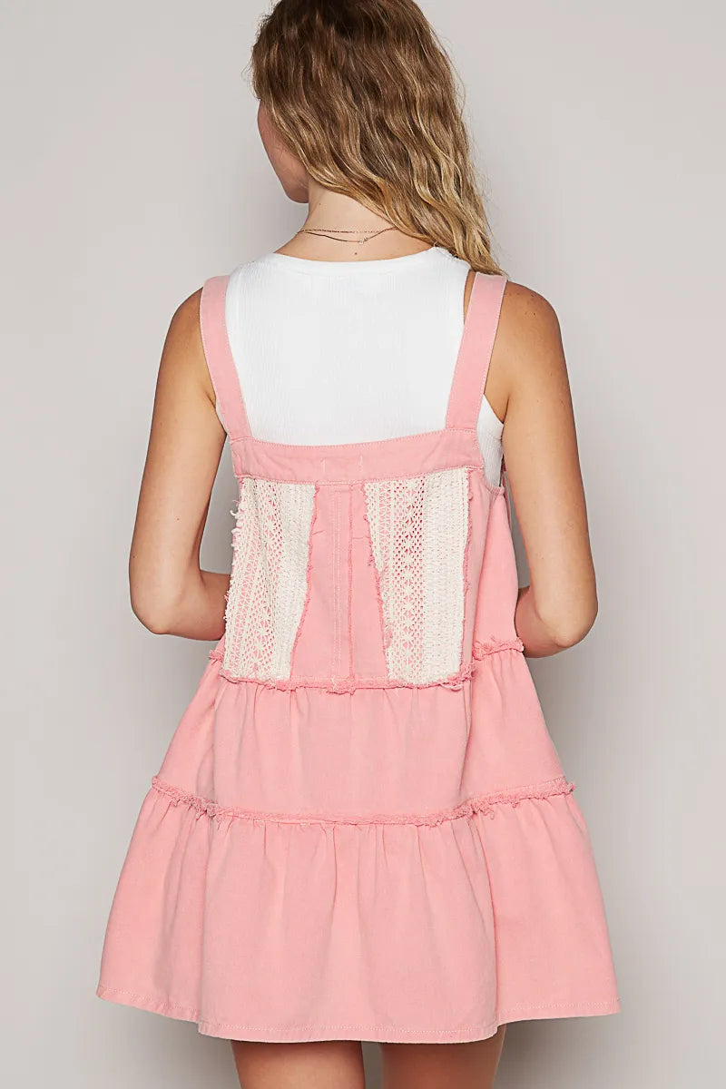 POL Lace Patchwork Detail Denim Overall Dress OutfitFlow