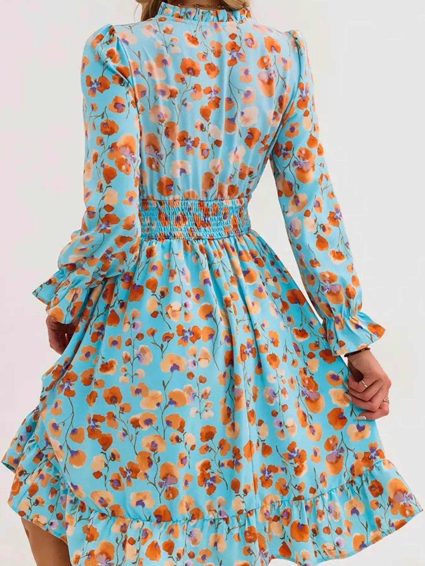Floral Notched Flounce Sleeve Dress OutfitFlow
