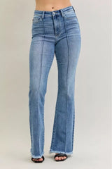 Judy Blue High Waist Flare Fray Hem Jeans with Front Pintuck Detail OutfitFlow