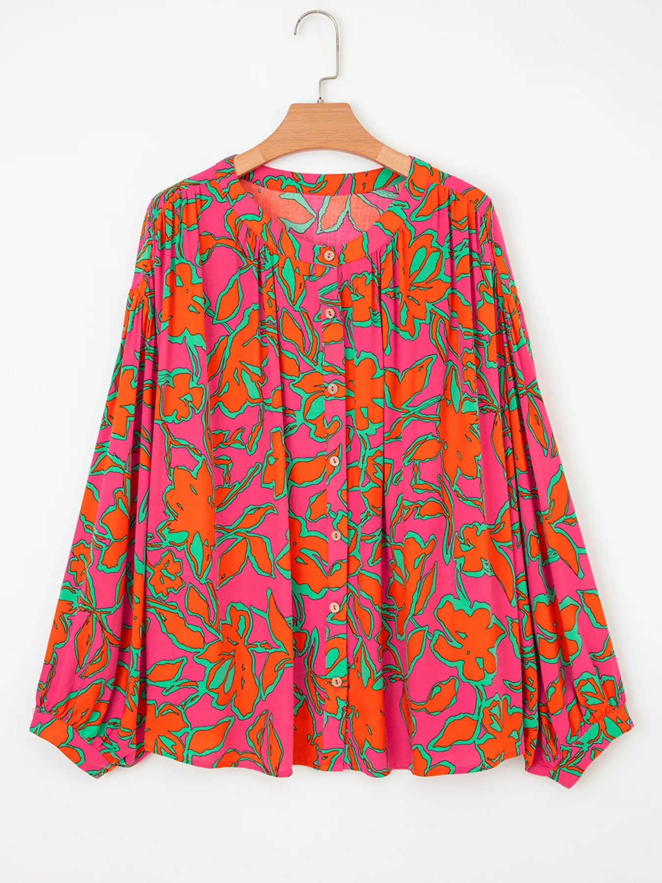 Floral Print Batwing Sleeve Buttoned Loose Fit Shirt OutfitFlow