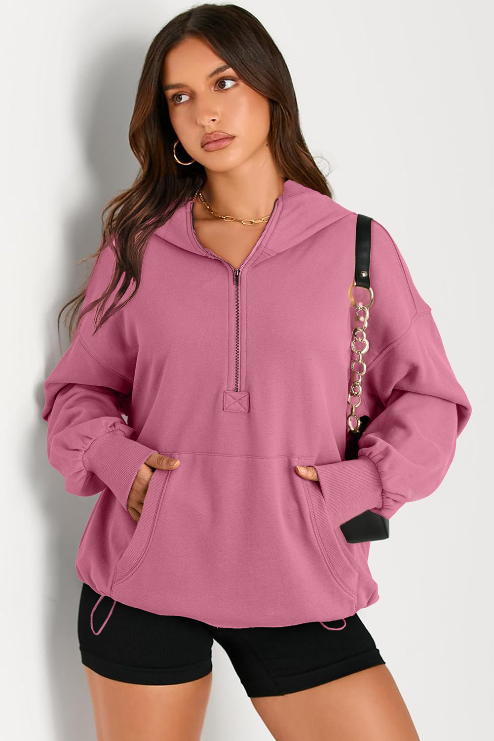 Outfit Flow - Pocketed Half Zip Long Sleeve Hoodie