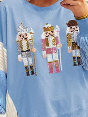 Christmas Sequin Nutcracker Textured Sleeve Patchwork Color Block Sweatshirt OutfitFlow