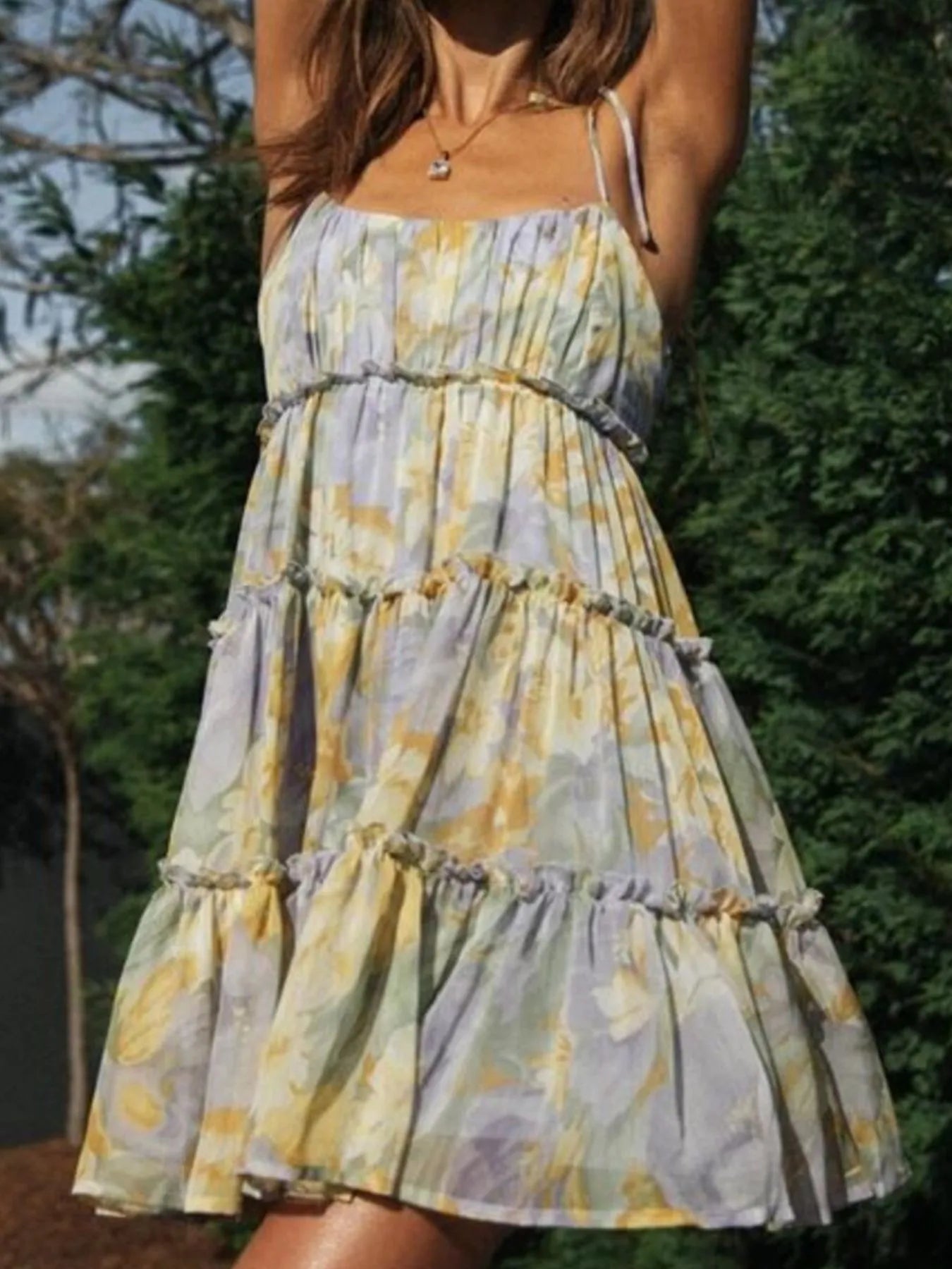 Printed Tie-Strap Tiered Mini Dress OutfitFlow